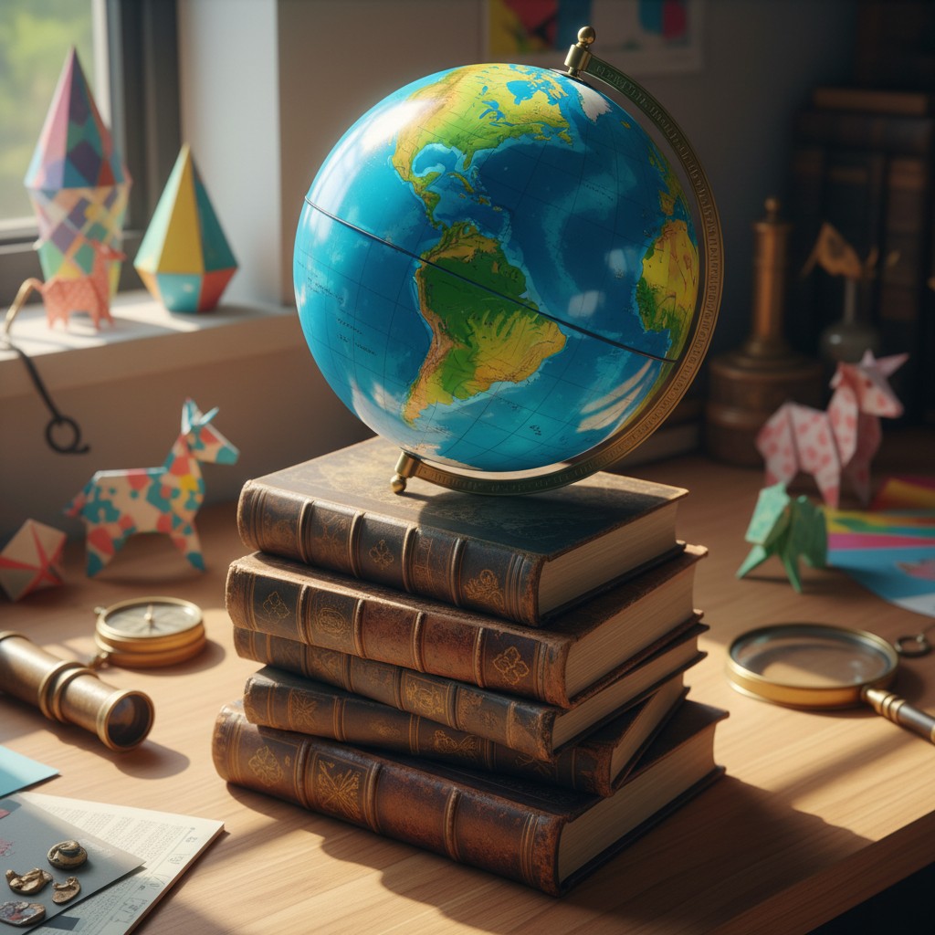 Uma imagem de uma mesa com objetos de escritório, incluindo um globo terrestre, livros, papéis e outros itens.