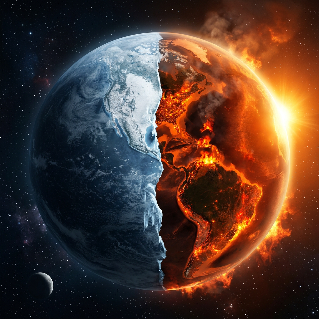 Earth half covered in ice and snow, other half burning with fire and lava