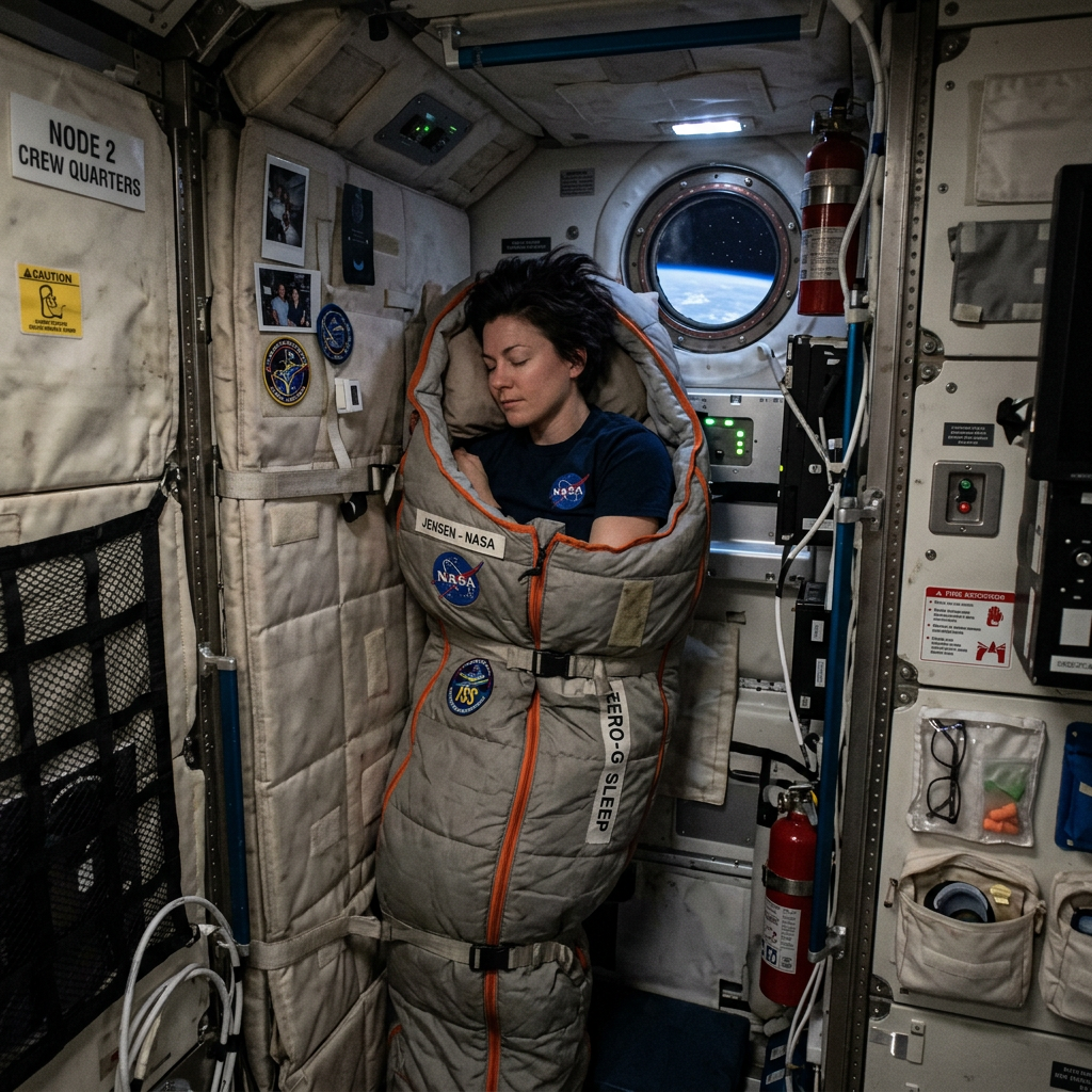 Astronaut Jensen sleeping inside a Zero-G sleeping bag in space station crew quarters with Earth visible through porthole