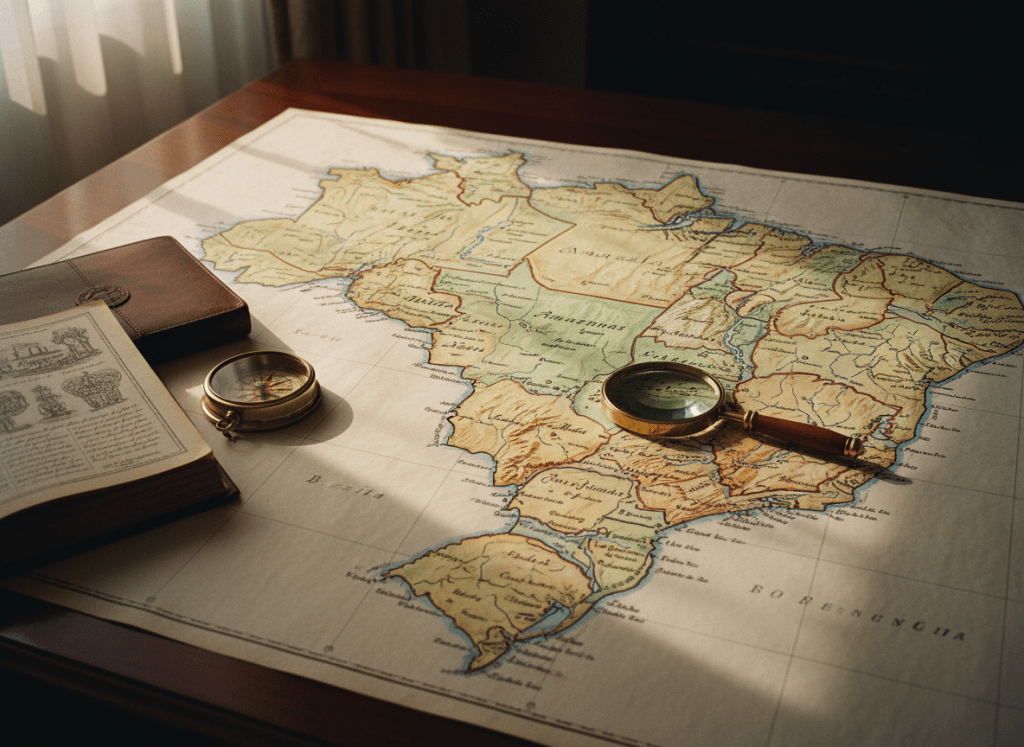 An elegant, large-format analog-film style map of Brazil spread across a dark wooden desk, every state outlined with fine ink lines and subtle pastel colors. Rivers shimmer in muted blue, mountain ranges are delicately shaded, and tiny, carefully lettered city names curve along the contours. Around the map lie a brass compass, an open vintage atlas in Portuguese, and a small magnifying glass resting on the Amazon region. Late-afternoon window light falls from the left, creating soft highlights on the glossy map surface and gentle shadows from the objects. Shot from a slightly elevated angle with sharp focus on the center of the map and a slight vignette at the edges, the mood is scholarly, sophisticated, and quietly adventurous.