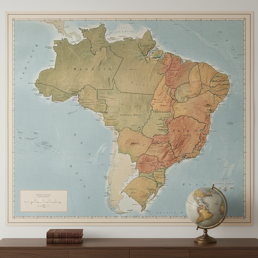 A sophisticated wall-sized physical atlas of Brazil mounted in a minimalist study, each macro-region distinguished by refined, desaturated tones that feel like aged analog film. Detailed relief shading reveals the Serra do Mar and the Planalto Central, while the Amazon Basin appears as a vast textured green expanse. Below the map, a slim console table holds neat stacks of geography books and a single antique globe focused on South America. Soft, diffused overcast daylight enters through an unseen window, casting an even glow that emphasizes the paper’s fine grain. Captured straight-on at eye level with a wide frame, everything is in crisp focus, creating a calm, intellectual atmosphere ideal for in-depth geographic exploration.