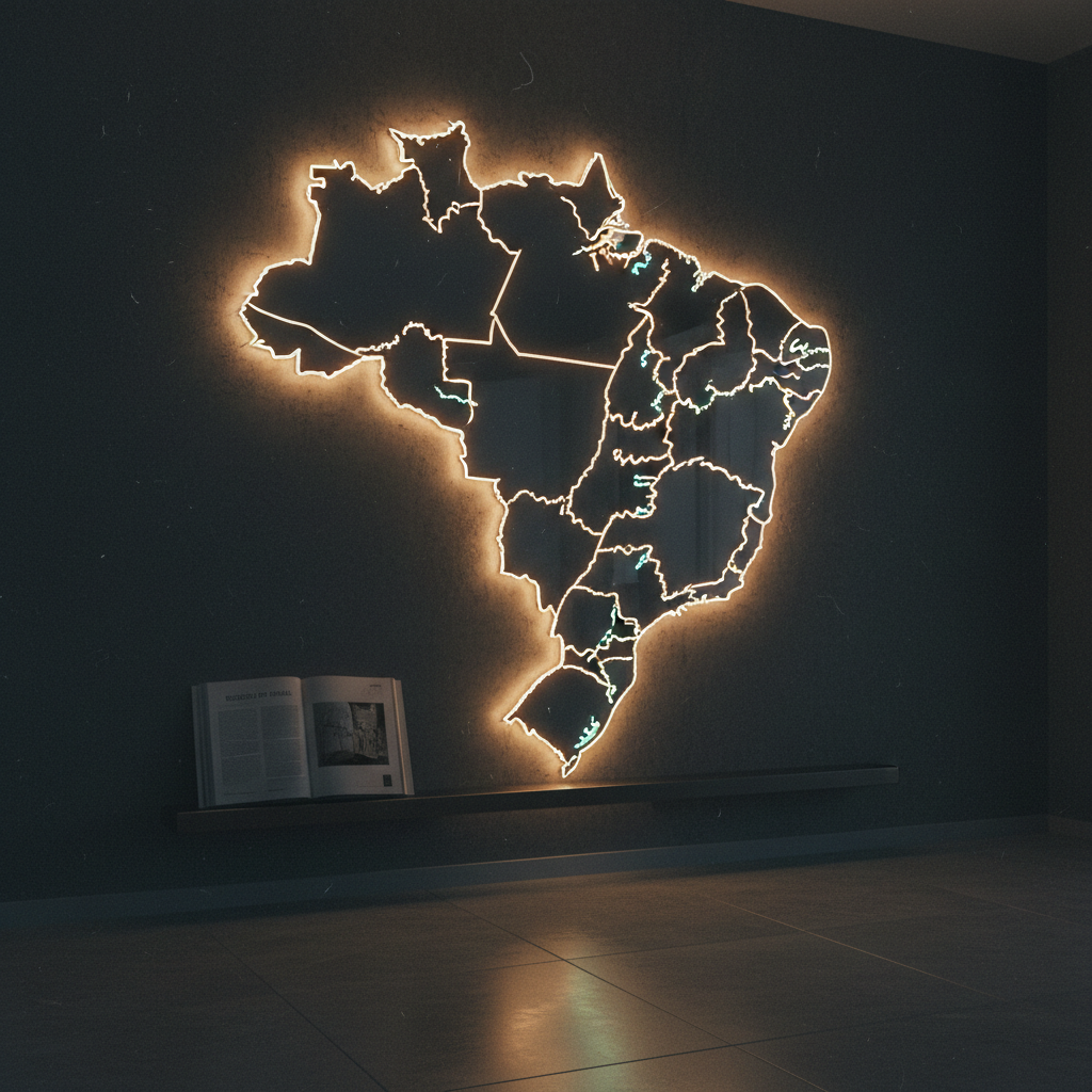 An analog-film style night scene of Brazil’s territory represented by a sleek, backlit acrylic map set into a dark wall, each state outlined by thin, warm white lines and the country borders shining slightly brighter. Major rivers and the coastline glow with a softer, cooler light, subtly hinting at hydrographic networks. Below, a narrow shelf holds a single, open modern atlas turned to a page titled “Regiões do Brasil.” The space is dim, with the map acting as the primary light source, casting a gentle halo on the wall and faint reflections on the polished stone floor. Photographed from a low, slightly off-center angle, the scene feels contemplative, high-end, and designed for sophisticated geographic immersion.
